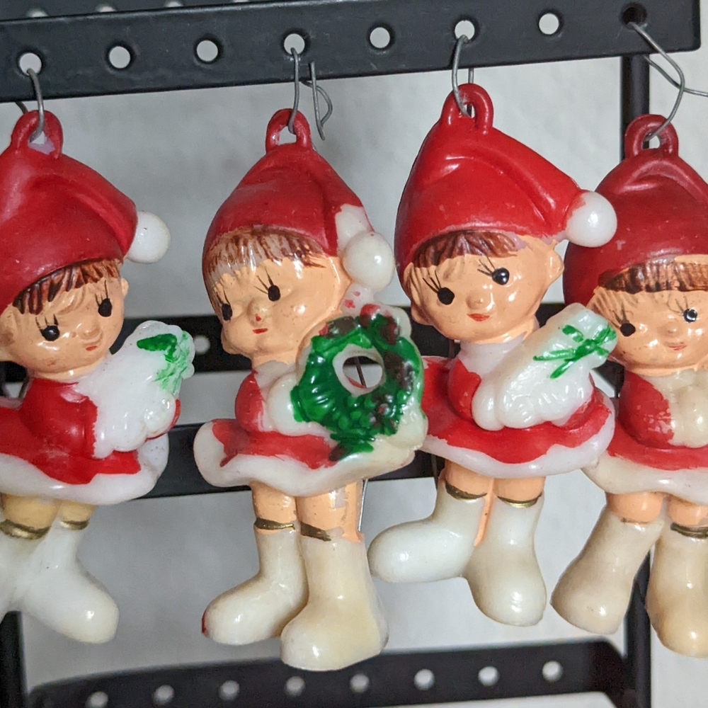 Vintage SANTA'S ELF  CHRISTMAS TREE ORNAMENTS.4 in set